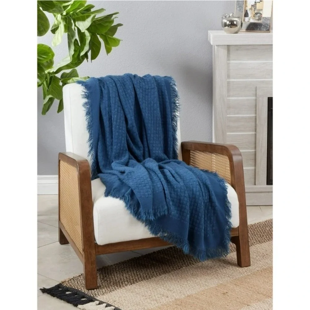 Fennco‎ Styles Waffle Weave Blue Sift Lightweight Throw Blanket Fringe 50x60 NWT